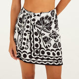 Talakeno Womens Summer Floral Wrap Short Skirt Tie Side High Waist A Line Beach Vacation Boho Mini Skirt(White-Black,XS)