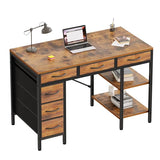 47.2" Computer Desk with 6 Drawers and 2 Open Shelves, Rustic Brown Writing Desk with Storage Cabinet & Metal Frame, Modern Industrial Home Office Executive Desk Workstation for Small Space