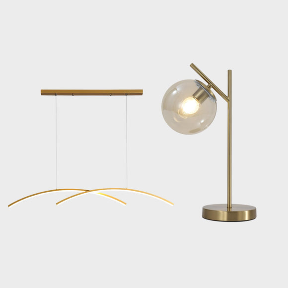 Mid Century Modern Table Lamp Gold Globe Nightstand Lamp and LED Linear Pendant Light Fixtures 26W 3000k-6000k Dimmable Pool Table Light Fulesi