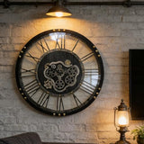 AMAATE Steampunk Wall Clock with Moving Gears, Kinetic Mechanical Industrial Design, Retro Distressed Iron Finish, Dynamic Art for Living Room and Bar Decor, 24 Inch