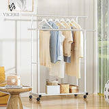 VICERII Double Clothing Rack, 55.51 Inch Garment Rack with Wheels and Bottom Shelf, 130LB Capacity Heavy Duty Rolling Clothes Racks , White
