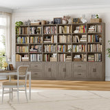 HOSTACK 71" Tall Triple Wide Bookshelf with Storage Drawers & Doors, Grey
