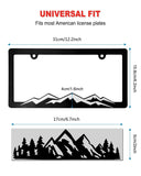 ZXFOOG Mountain License Plate Frames- Plastic Black Car Tag Holder Bracket with Screws Caps, 2 Packs 2 Hole, White on Black, Mountain Vinyl Sticker Included