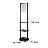 74 Inch Floor Lamp with 2 Shelves, Round Lampshade, Iron, Black and White Benzara