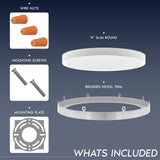LUXRITE 9 Inch LED Flush Mount Ceiling Light, LED Surface Mount, 5CCT 2700K-5000K, 1500 Lumens, CRI90, 110° Beam, 18 Watt, Dimmable, Wet Rated & UL Listed, Round Slim + Brushed Nickel Trim (6 Pack)
