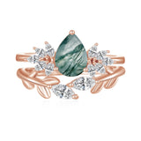 Moss Agate Engagement Ring set Engraving Text Moss Agate Wedding Ring Set Gold For birthday Promise ring Chirstomas (Rose gold)