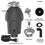 GarveeTech Garbage Disposal 1 HP, Continuous Feed Food Waste Disposer with Air Switch & Flange Seal, Stainless Steel Garbage Disposer, Compact Food Waste Grinder for Kitchen Sink, Black