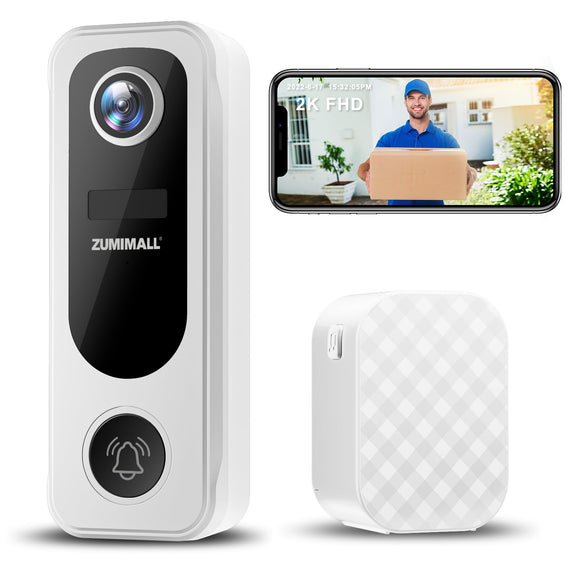 Doorbell Camera Wireless, Video Doorbell Wireless with Chime, 2 Way Audio, Voice Changer, 30s Voice Message, White ZUMIMALL