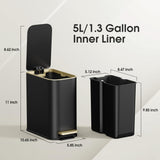 Small Bathroom Trash Can with Lid Soft Close, 5L / 1.3 Gallon Slim Garbage Can with Removable Inner Bucket