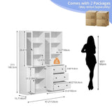 TUSY 71" H Bookshelf with Storage, 6-Tier Modern Bookshelves with 3 Large Drawer, Display Bookcase with Glass Doors, Modern 5-Tier Curio Cabinet for Home Office, Dining Room (White, AB)