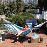 Sunnydaze Woven Double Hammock for Outside with Crocheted Edges and Spreader Bars - 600-Pound Weight Capacity Outdoor Hammock for Trees - Lagoon Stripes