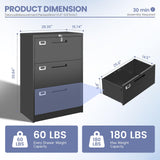 LISSIMO Metal Lateral 3 Drawer File Cabinet, Wide Filing Cabinet with Lock for Home Office Organization Hanging Files Letter/Legal/F4/A4 Size (Black, Assembly Required)