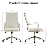 Office Desk Chair Leather, Conference Room Chairs with Wheels, Executive Modern High Back Ergonomic Swivel Rolling Ribbed Computer Chair（White）
