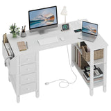 Lufeiya White L Shaped Computer Desk with Drawers & Storage Shelves, 47 Inch Corner Reversible Desk with Power Outlet for Home