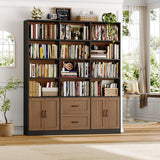 HOSTACK 71" Tall Triple Wide Bookshelf with Storage Drawers & Doors, Brown