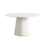 Montary 53” Modern Round Dining Table for 4-6 People, Minimalist Artificial Marble Kitchens Table with Beige Plywood PU Base, Snow Mountain White Sintered Stone Top Dining Room Table