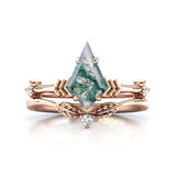 Personalized Moss Agate Engagement Ring set Engraving Text Moss Agate Wedding Ring Set Gold For birthday Promise ring Chirstomas (rose gold)