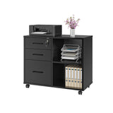Panana 3 Drawer Office File Cabinets, Mobile Lateral Printer Stand with Open Storage Shelf, Rolling Filing Cabinet (Black)