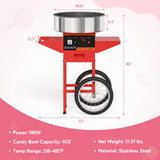 ROVSUN 21 Inch Cotton Candy Machine Cart, Commercial Cotton Candy Maker Machine Candy Floss Machine w/Stainless Steel Bowl, Sugar Scoop and Large Storage Drawer for Home Party Carnival, Red