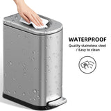 WFRWFR 2.6 Gal Bathroom Trash Can with Soft Close Stay Open Lid, Small Rectangular 10L Stainless Steel Waste bin for Narrow Space, Waterproof, Matte Silver