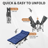 Aivernses Camping Cot, Camping Cot for Adults, Heavy Duty Folding Bed with Mattress，Portable Cot Bed with Carry Bag, Outdoor & Home Office Nap, Max Load 600 LBS, Blue