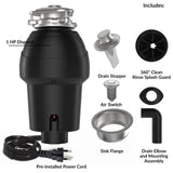 Garbage Disposal, 1 Hp Continuous Feed Food Waste Disposer with Air Switch, Compact Stainless Steel Food Waste Disposer, Food Waste Grinding System for Under Kitchen Sink, Black