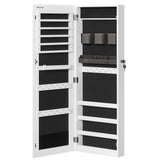 SONGMICS Jewelry Cabinet Armoire, Lockable Wall-Mounted Organizer Unit with 2 Plastic Cosmetic Storage Trays, Full-Length Frameless Mirror, White UJJC001W01