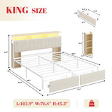 Lazmvlz King Size Bed Frame with 2 Storage Drawers, LED Chenille Headboard with 2 Movable Storage Cabinets, Platform Bed with Charging Station, No Box Spring Needed, Easy Assembly, Beige