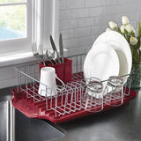 Classic Large Rust Resistant Full Dishrack with Removable 3 Compartment Flatware Caddy, Andlged Drain Board, 3-Piece, Red Farberware