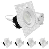 LUXRITE 4-Inch LED Trimless Gimbal Spotlight with J-Box, Push-N-Lock, 5CCT 2700K-5000K, 360° Rotation & 15° Tilt, 20W 2000LM, CRI90, Dual Dimmable (TRIAC/0-10V), Damp Rated, ETL Listed (4 Pack)