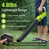 Cordless Leaf Blower for Small to Medium Yards - 2×4Ah Batteries, Lightweight Battery Powered Leaf Blower with 7-Speed Control & 2 Tubes for Patio, Driveway, Light Debris