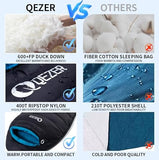 QEZER Down Mummy Sleeping Bag for Adults, 32°F to 10°F Lightweight Compact for Camping Backpacking Hiking, 4 Season Outdoor Sleeping Bag with 600 Fill Power Down