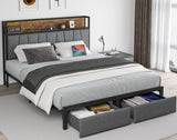 CIKUNASI Queen Size Bed Frame with Headboard and Storage, Drawers Platform Bed Frame with Storage Chargin Station LED Light Bedframe, Heavy Duty, No Box Spring Needed