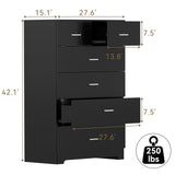 FJTJBSI Dresser with Power Outlets Wooden 6 Drawer Dresser with Large Organizer Black Tall Storage Organizer with Smooth Metal Rail Modern Chest of Drawers Closet for Bedroom Hallway