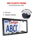 ZXFOOG Mountain License Plate Frames- Plastic Black Car Tag Holder Bracket with Screws Caps, 2 Packs 2 Hole, Silver on Black, Mountain Vinyl Sticker Included