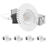 LUXRITE 1 Inch LED Trimless Recessed Lighting with Junction Box, 5CCT 2700K 3000K 3500K 4000K 5000K, 7W, 550LM, Plaster Downlight, Wet Rated, IC Rated, Dimmable, Narrow Spotlight, ETL Listed (4 Pack)