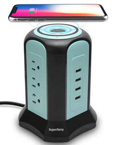 Power Strip Tower Wireless Charger, SUPERDANNY Surge Protector Tower, 10A 1080J Charger Station Black and Blue SUPERDANNY