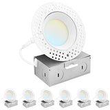 LUXRITE 3 Inch Trimless LED Recessed Light with Junction Box, 5CCT Selectable 2700K-5000K, 10W, 750LM, Dimmable, Wet & IC Rated, Canless Downlight, ETL Listed, New Construction and Remodel (6 Pack)
