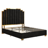 AMERLIFE King Size Upholstered Bed, Modern Velvet Bed Frame with 65.4” Tall Gold Trim Headboard, No Box Spring Needed, Black