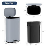 Arlopu 8/13.2 Gallon Step Trash Can, Stainless Steel Garbage Bin, Soft-Close Rubbish Bin with Removable Plastic Inner Bucket