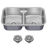 KRAUS Premier 32-inch Undermount 50/50 Double Bowl Low Divider 18-Gauge Stainless Steel Kitchen Sink with Strainers (x2), KBU32