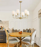 QUENEY 6-Light Brushed Gold Pendant Chandelier with Fabric Shades, E12 Base - Farmhouse & Industrial Style for Kitchen, Living Room, Dining Room, or Bedroom Lighting