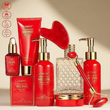 Anniversary Gifts for Women, Spa Bath and Body Gift Set, Red Rose Gift Basket Relaxation, Pampering, Thank You, Birthday Gifts for Mom Her with Perfume, Jade Roller, Quartz Gua Sha Stone & More