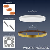 LUXRITE 9 Inch LED Flush Mount Ceiling Light, LED Surface Mount, 5CCT 2700K-5000K, 1500 Lumens, CRI90, 110° Beam Angle, 18 Watt, Dimmable, Wet Rated & UL Listed, Round Slim + Brass Trim (6 Pack)