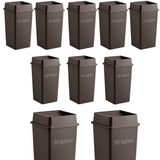 Getzi 10 Pack Brown 50 Gallon Industrial Waste Bins with Lids, Heavy Duty Square Resin Trash Containers with Integrated Handles for Restaurant, Mall, Warehouse and High-Volume Commercial Areas