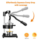 TONGCHANT Cast Iron Juicer, Heavy Duty Manual Citrus Press | Hand Press Juicer for Orange Lemon Pomegranate, High Leverage for Easy Juicing, Stainless Steel Cup, Black