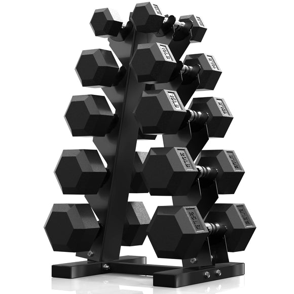 PAPABABE Dumbbell Set Rubber Encased Hex Dumbbell Free Weights Dumbbells Set Home Weight Set- 150 lb Set (Pair of 5 10 15 20 25 lb with Rack) papababe