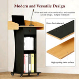 Podium Stand with Metal Wheels Wooden Teacher Lectern Portable Pulpit Standing