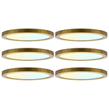LUXRITE 9 Inch LED Flush Mount Ceiling Light, LED Surface Mount, 5CCT 2700K-5000K, 1500 Lumens, CRI90, 110° Beam Angle, 18 Watt, Dimmable, Wet Rated & UL Listed, Round Slim + Brass Trim (6 Pack)