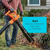 BLACK+DECKER Electric Leaf Blower, Leaf Vacuum and Mulcher 3 in 1, 250 mph Airflow, 400 cfm Delivery Power